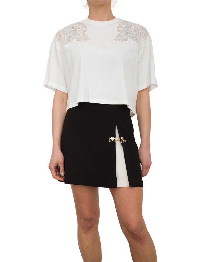 T-shirt bianca con ricamo fiore tono su tono Elisabetta Franchi