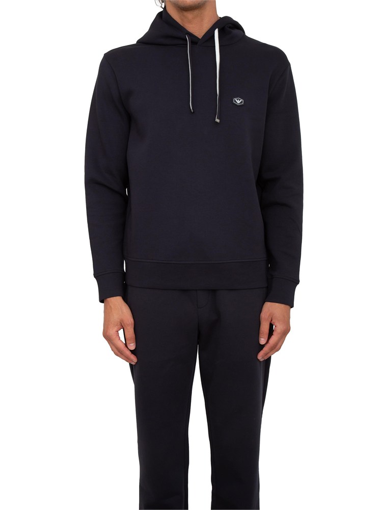 Felpa uomo blu Emporio Armani con cappuccio e micro patch logo