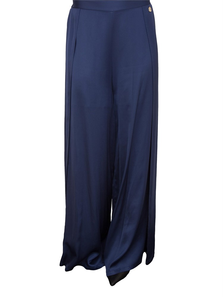 Pantaloni palazzo raso blu Fracomina con elastico vita