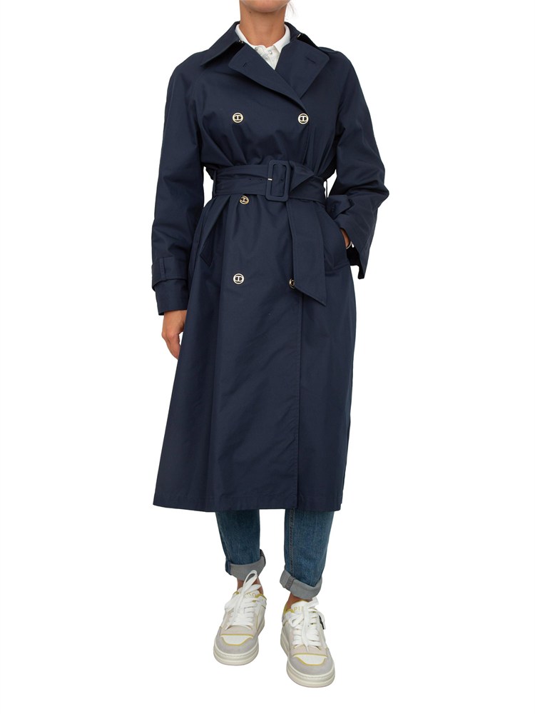 TWIN-SET Trench doppiopetto Twinset in twill di misto cotone blu