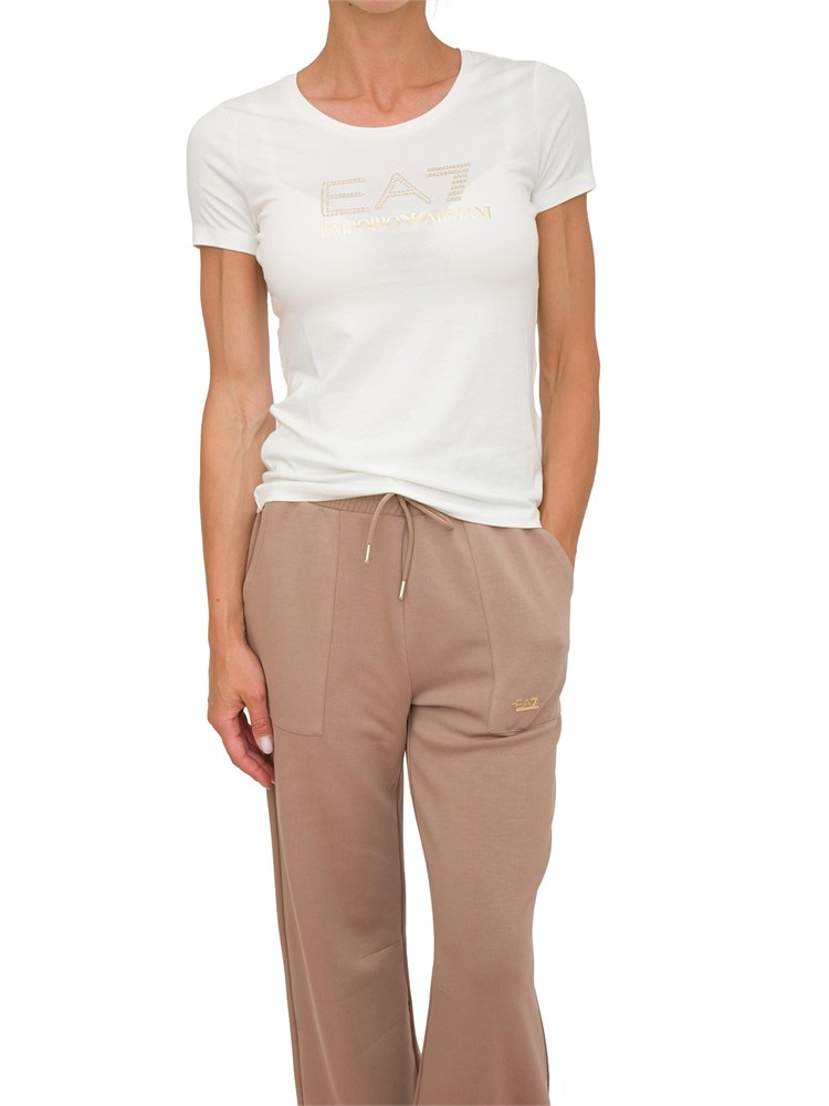 T-shirt donna maxi logo EA7 Emporio Armani in misto cotone e modal avorio