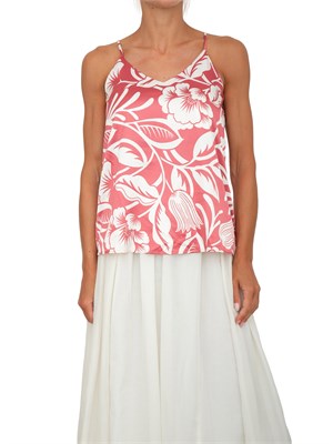 Top canotta Emme Marella in raso rosa con stampa foliage all over in DONNA