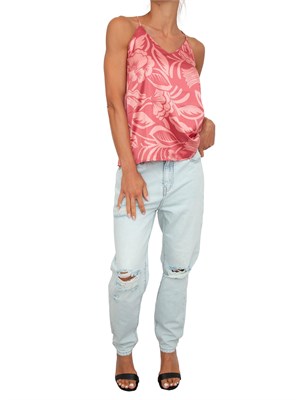 Top canotta Emme Marella in raso rosa con stampa foliage all over in DONNA