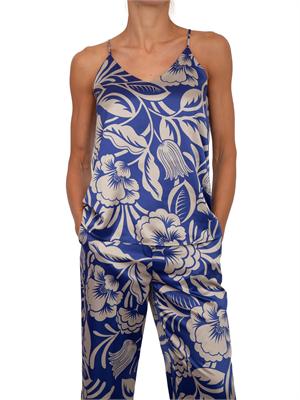 Top canotta Emme Marella in raso blu con stampa foliage all over in DONNA