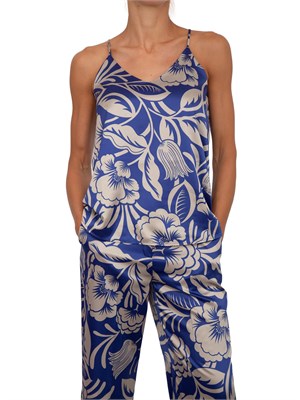 Top canotta Emme Marella in raso blu con stampa foliage all over in DONNA
