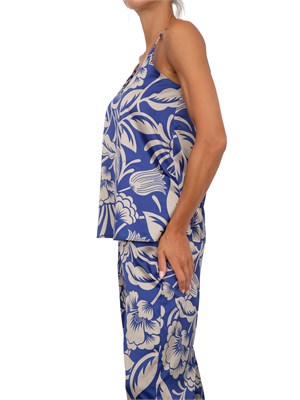 Top canotta Emme Marella in raso blu con stampa foliage all over in DONNA