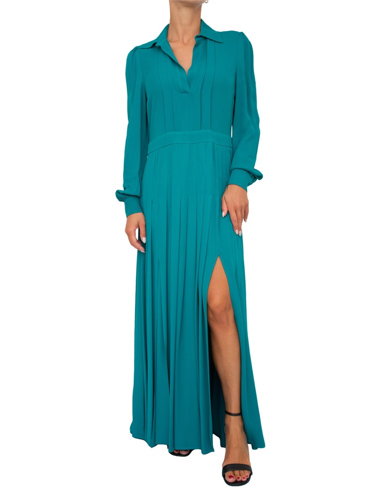 TWIN-SET Abito lungo Twinset in georgette plissé verde acqua con collo camicia e maniche lunghe