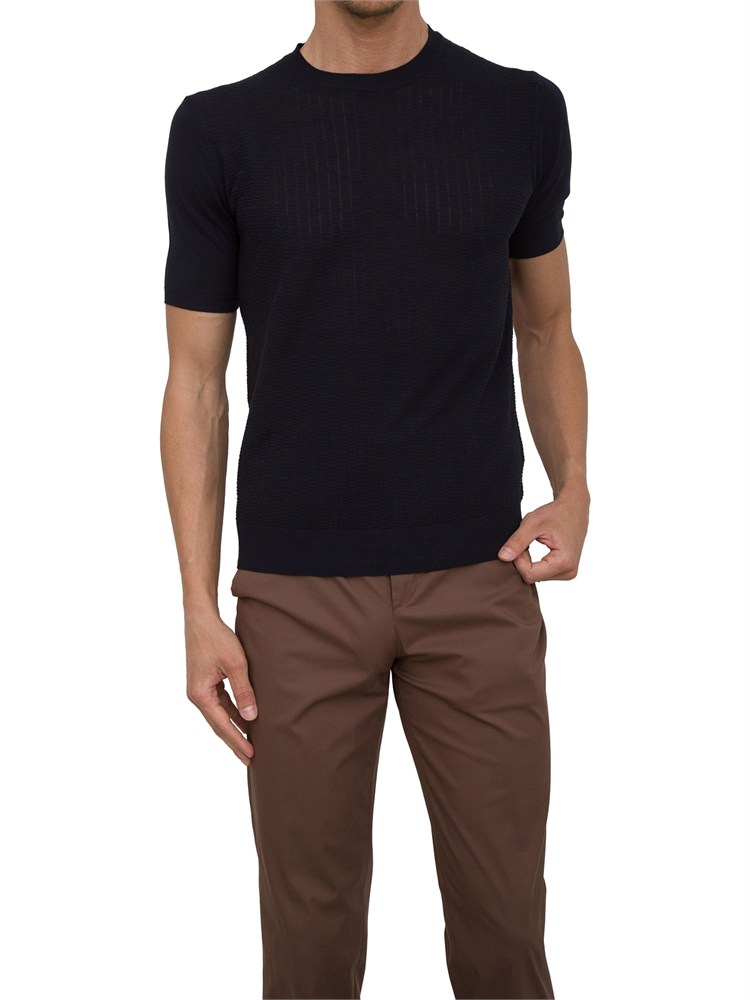 Maglia girocollo maniche corte uomo Aiace Galassi in cotone blu con trama