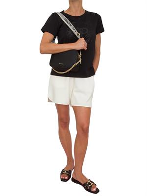 T-shirt Liu Jo donna in cotone nero con logo strass a cascata su bordo in DONNA