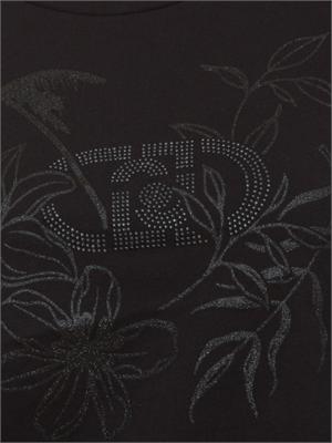 T-shirt Liu Jo donna in cotone nero con logo strass a cascata su bordo in DONNA