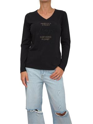 T-shirt nera manica lunga Liu Jo donna con scollo V e logo lettering strass in DONNA