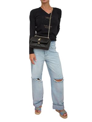 T-shirt nera manica lunga Liu Jo donna con scollo V e logo lettering strass in DONNA