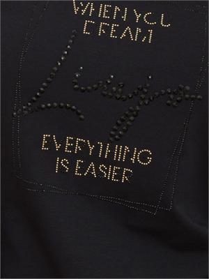 T-shirt nera manica lunga Liu Jo donna con scollo V e logo lettering strass in DONNA