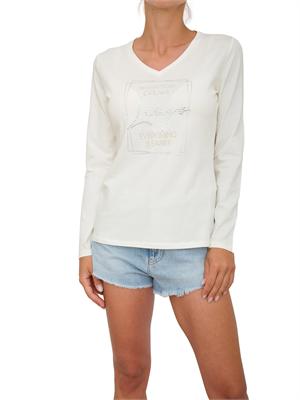 T-shirt avorio manica lunga Liu Jo donna con scollo V e logo lettering strass in DONNA