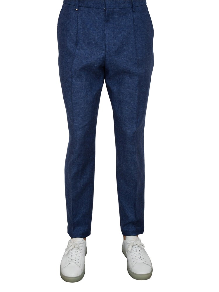 Pantaloni formali Boss in tessuto elasticizzato con micromotivo blu