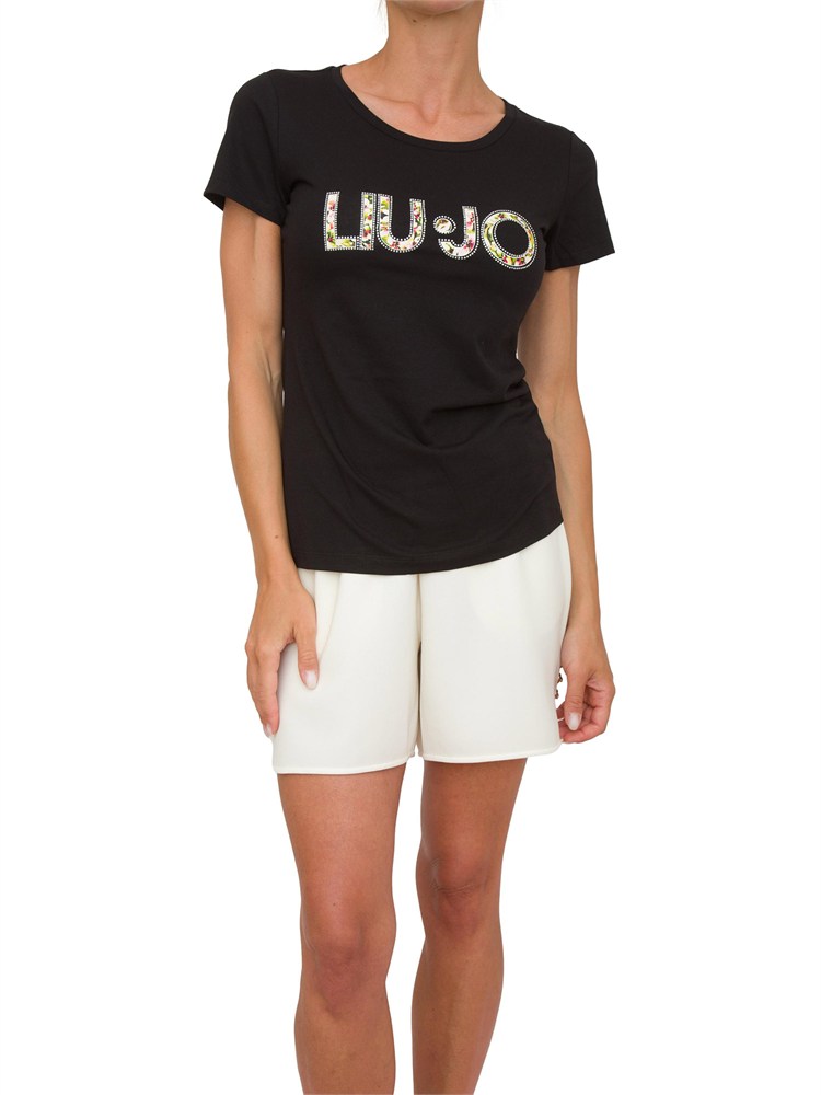 T-shirt nera Liu Jo donna con logo motivo floreale e contorno strass