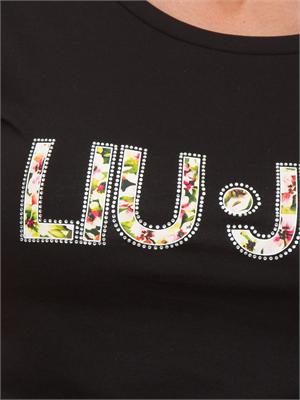 T-shirt nera Liu Jo donna con logo motivo floreale e contorno strass in DONNA