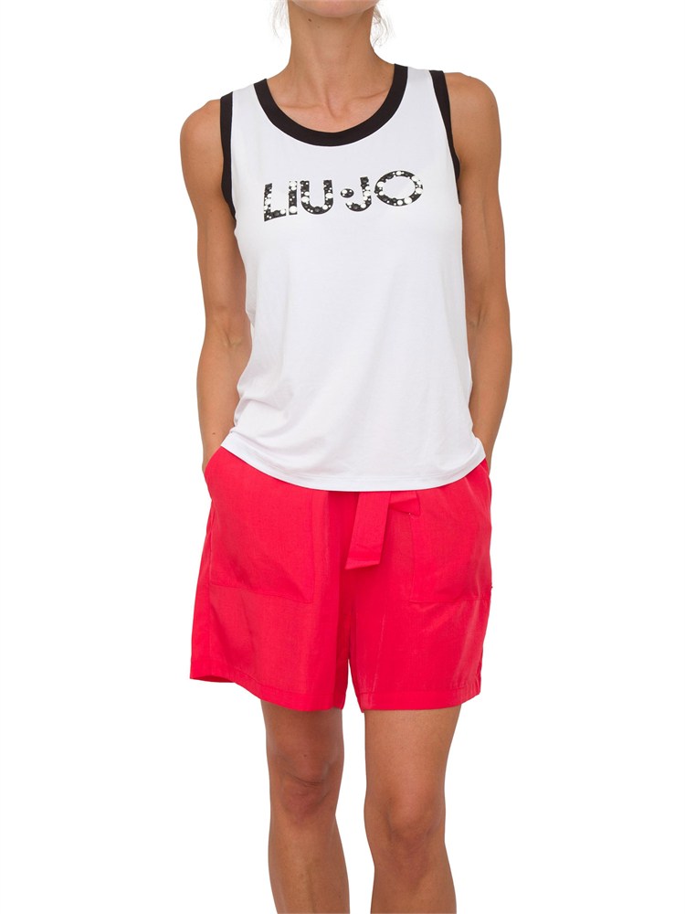 Top bianco a costine Liu Jo donna con logo con perle applicate e bordi a contrasto