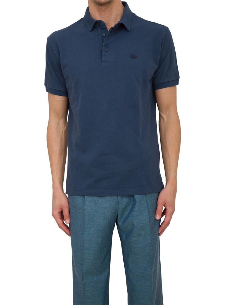 Polo Etro in cotone blu con Pegaso ricamato tono su tono