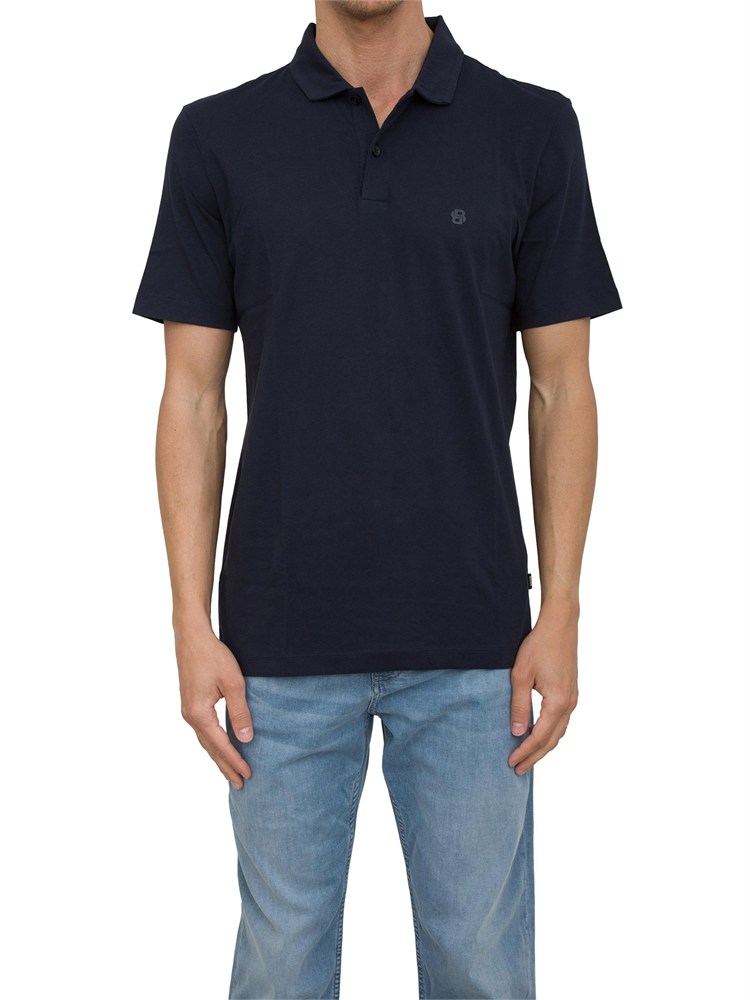 Polo Boss in cotone blu con stampa logo a rilievo