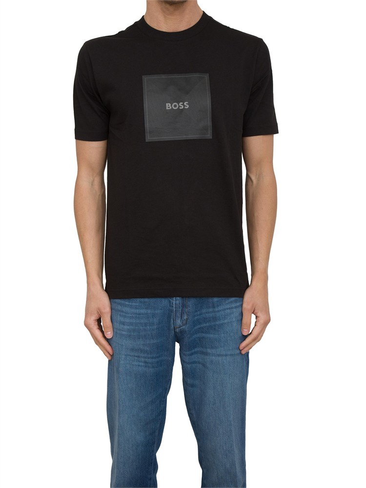T-shirt Boss nero con grafica con logo a righe sottili