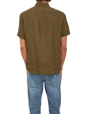 Camicia manica corta Boss uomo in lino verde militare e collo botton down in UOMO