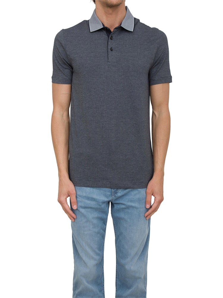 Polo Boss blu in cotone lavorato con colletto a contrasto