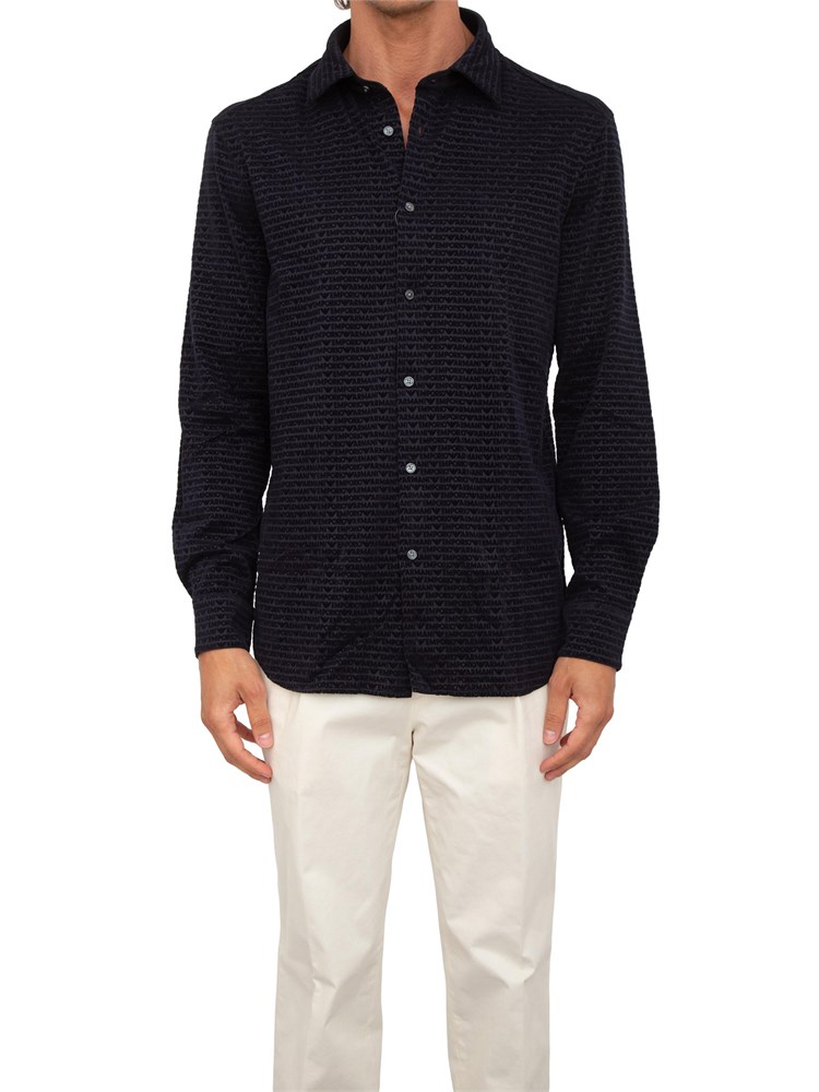 Camicia uomo Emporio Armani in cotone e lyocell blu con logo lettering flock all over