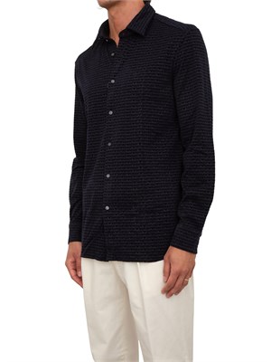 Camicia uomo Emporio Armani in cotone e lyocell blu con logo lettering flock all over in UOMO