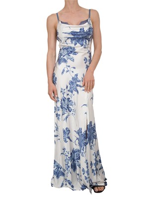 Abito lungo Guess Jeans in raso stretch con stampa floreale blu e scollo con pizzo in DONNA