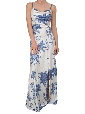 Abito lungo Guess Jeans in raso stretch con stampa floreale blu e scollo con pizzo in DONNA