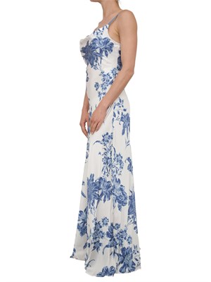 Abito lungo Guess Jeans in raso stretch con stampa floreale blu e scollo con pizzo in DONNA