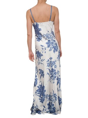 Abito lungo Guess Jeans in raso stretch con stampa floreale blu e scollo con pizzo in DONNA