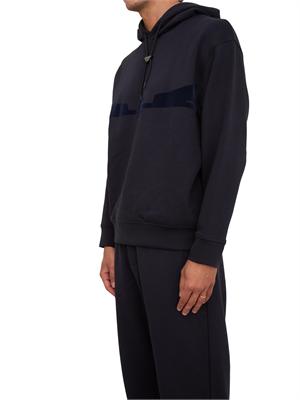 Felpa uomo blu Emporio Armani con cappuccio e aquila sagomata in flock in UOMO