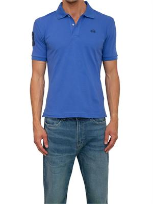 Polo uomo La Martina in cotone blu con patch numero 3 e logo sottocollo in UOMO