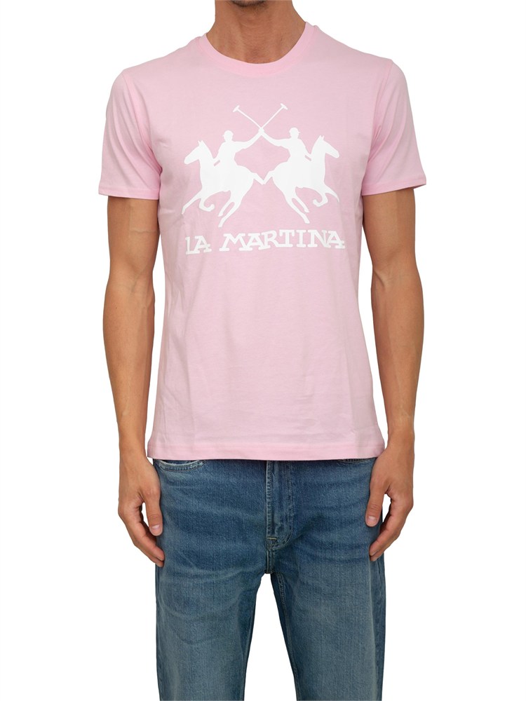 T-shirt uomo La Martina in cotone rosa con logo grande a contrasto