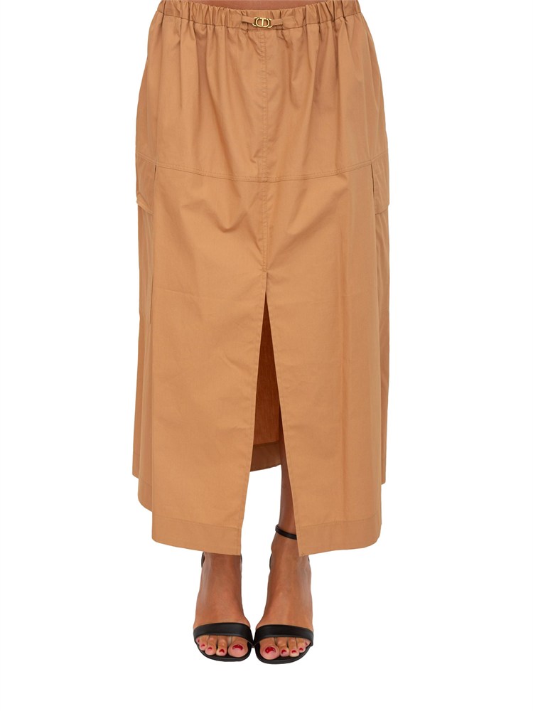 TWIN-SET Gonna lunga Twinset in popeline cammello con pieghe