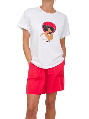 T-shirt bianca Liu Jo donna con girocollo, maniche corte e stampa grafica con strass in DONNA