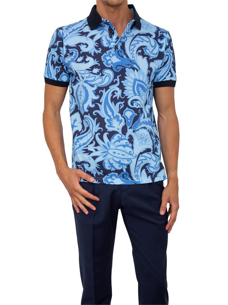 Polo Etro blu in cotone paisley floreale