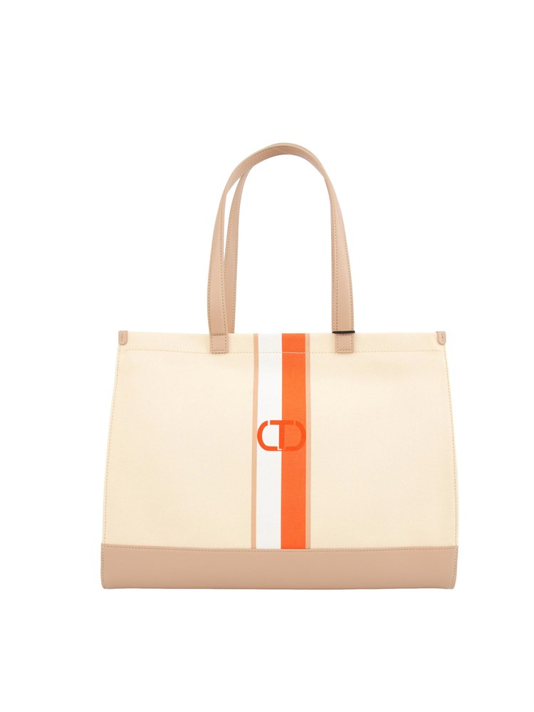 TWIN-SET Borsa shopper Twinset in canvas con stampa righe multicolore e logo