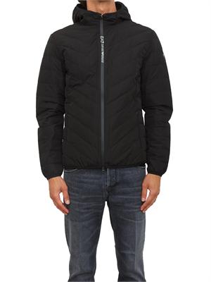EA7 EMPORIO ARMANI Piumino nero EA7 packable con cappuccio Premium Shield in UOMO
