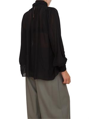 Camicia blusa Marella in georgette di viscosa nera con fiocco e arricci su scollo in DONNA
