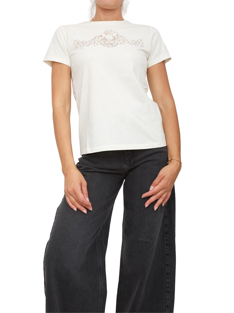 TWIN-SET T-shirt Twinset in jersey di cotone bianco panna con pizzo intarsiato