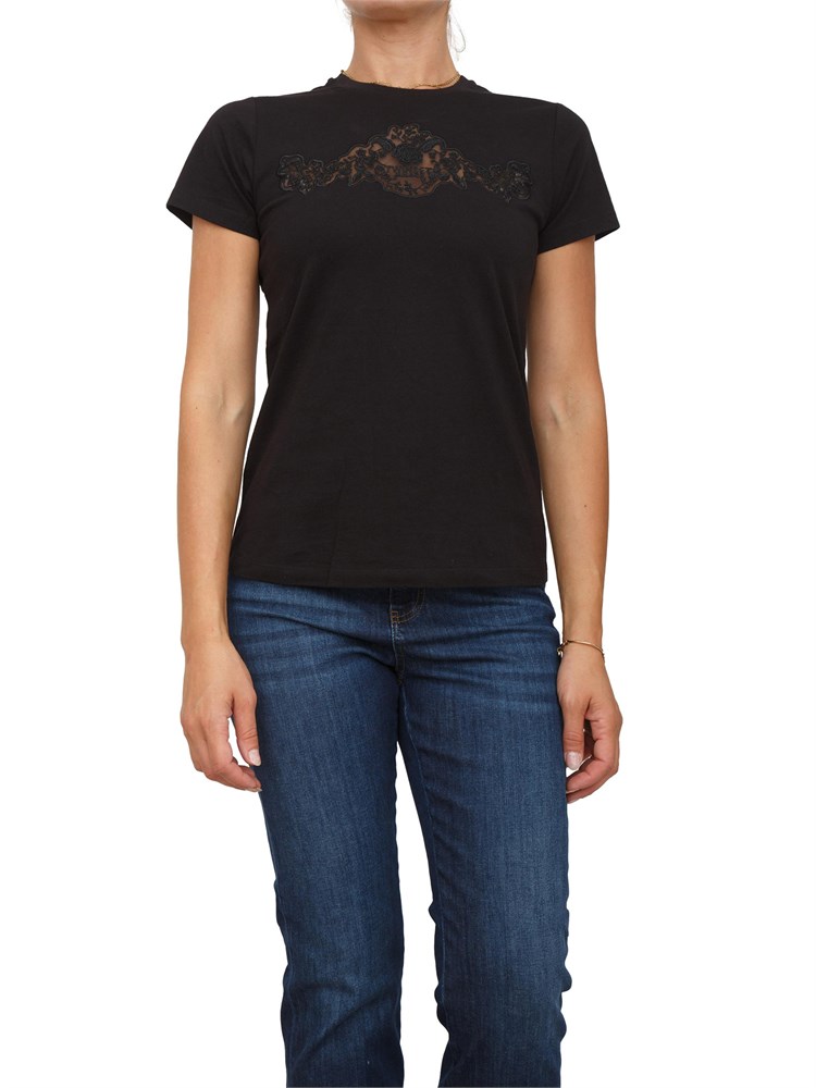 TWIN-SET T-shirt Twinset in jersey di cotone nero con pizzo intarsiato