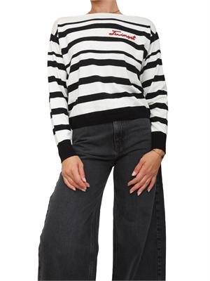 TWIN-SET Maglia girocollo Twinset in misto lana a righe bicolor nero bianco e logo lettering in DONNA