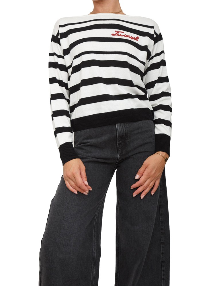 TWIN-SET Maglia girocollo Twinset in misto lana a righe bicolor nero bianco e logo lettering