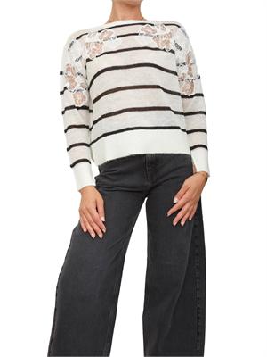 TWIN-SET Maglia Twinset in misto mohair bianco e nero con pizzo e spacchi in DONNA