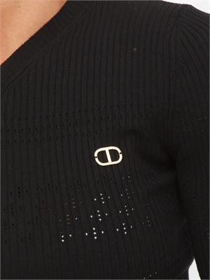 TWIN-SET Maglia Twinset in filato a costine nera con lavorazione traforata in DONNA