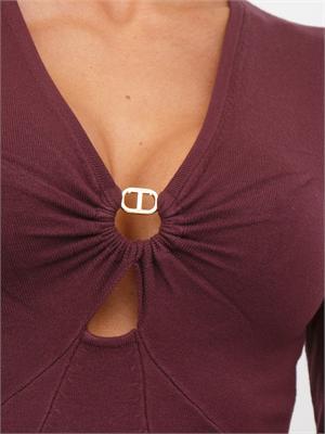 TWIN-SET Abito longuette in maglia bordeaux con scollo con logo Oval T in DONNA