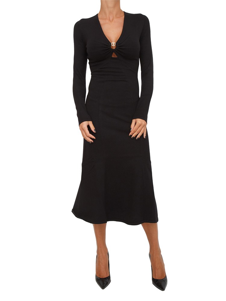 TWIN-SET Abito longuette in maglia nero con scollo con logo Oval T